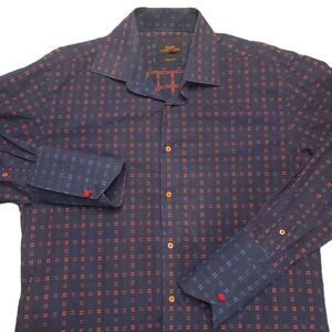 Steven Land Mens L 16.5  Shirt Trim Fit Button Up French Cuff Blue Orange Accent